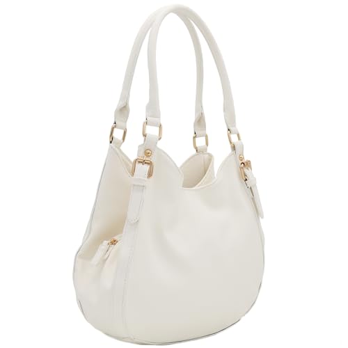 FashionPuzzle Light-weight 3 Compartment Faux Leather Medium Hobo Bag (White) - Image 2