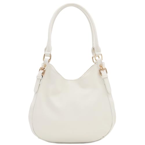FashionPuzzle Light-weight 3 Compartment Faux Leather Medium Hobo Bag (White) - Image 1