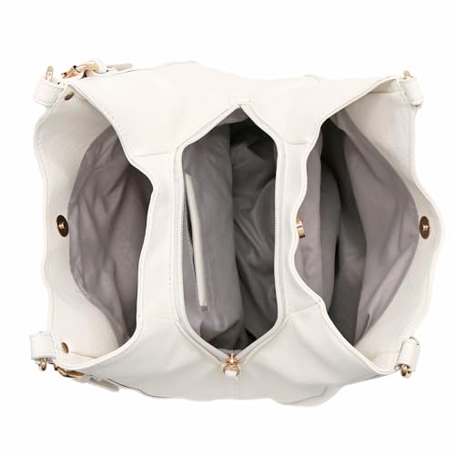 FashionPuzzle Light-weight 3 Compartment Faux Leather Medium Hobo Bag (White) - Image 5