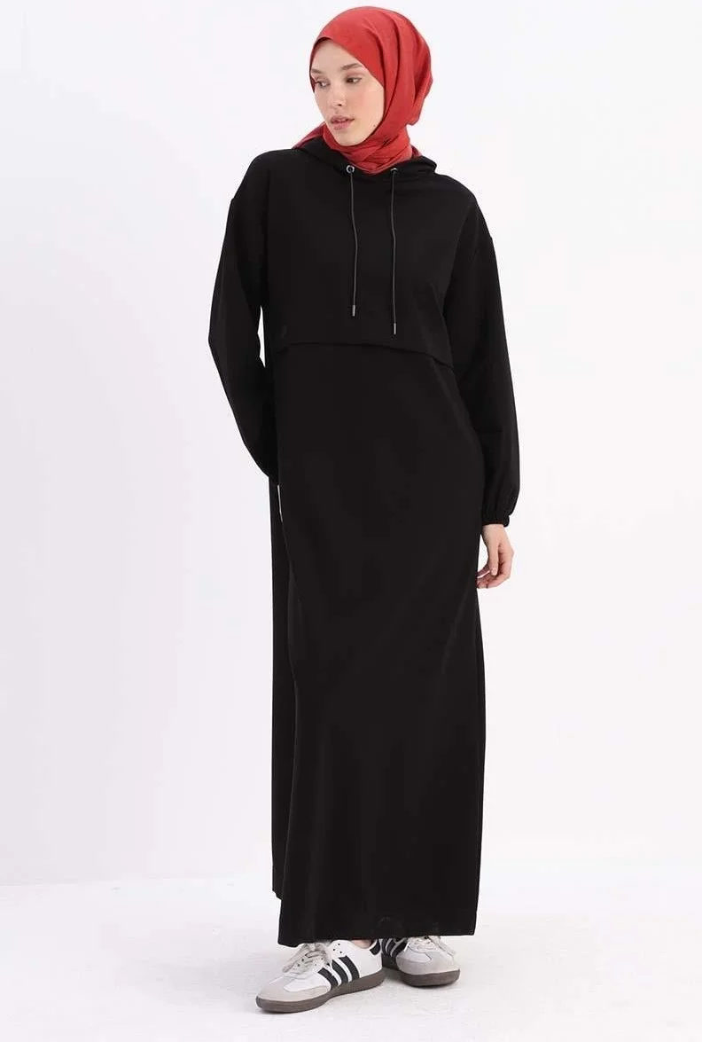 Allday Black-Elastic Sleeve Hooded Pocket Dress