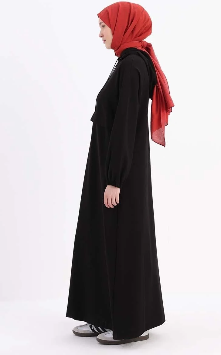 Allday Black-Elastic Sleeve Hooded Pocket Dress