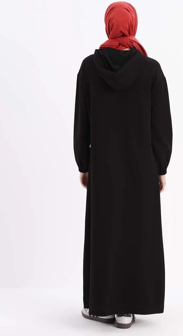 Allday Black-Elastic Sleeve Hooded Pocket Dress