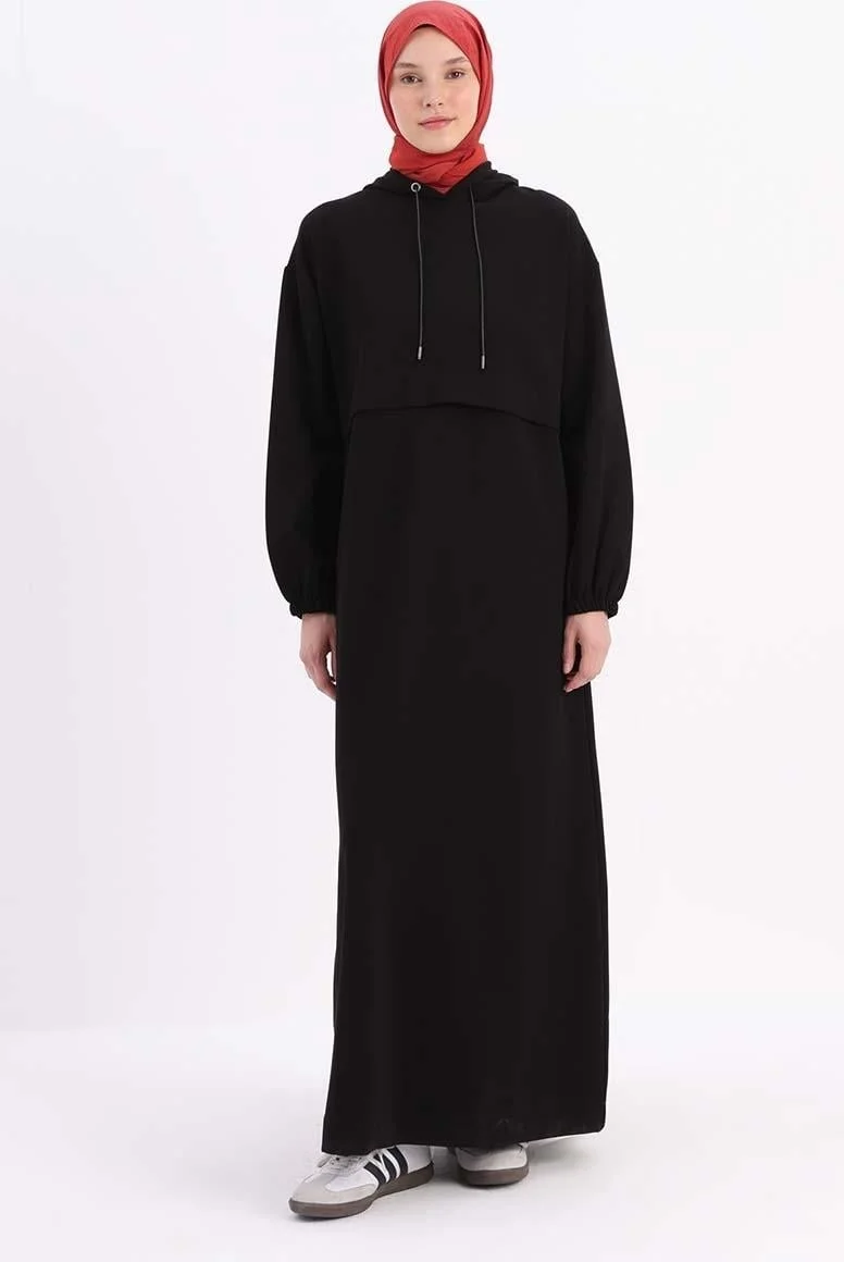 Allday Black-Elastic Sleeve Hooded Pocket Dress