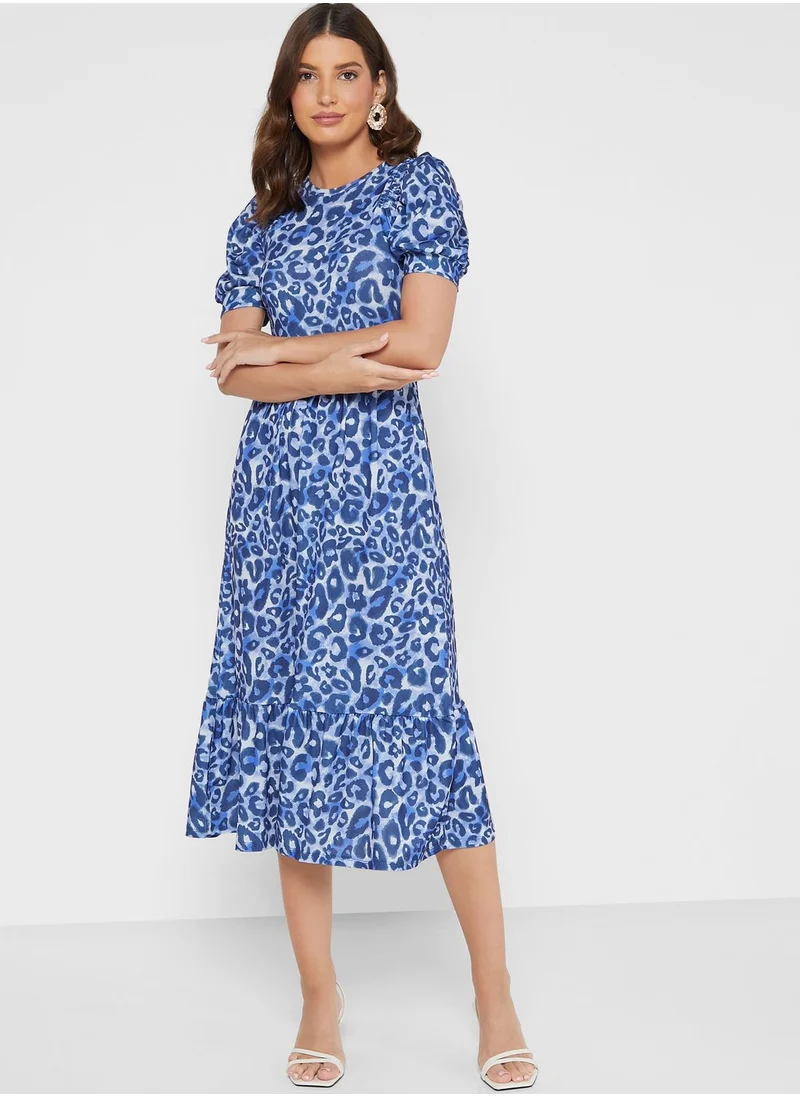 WAREHOUSE Puff Sleeve Printed Shirred Dress