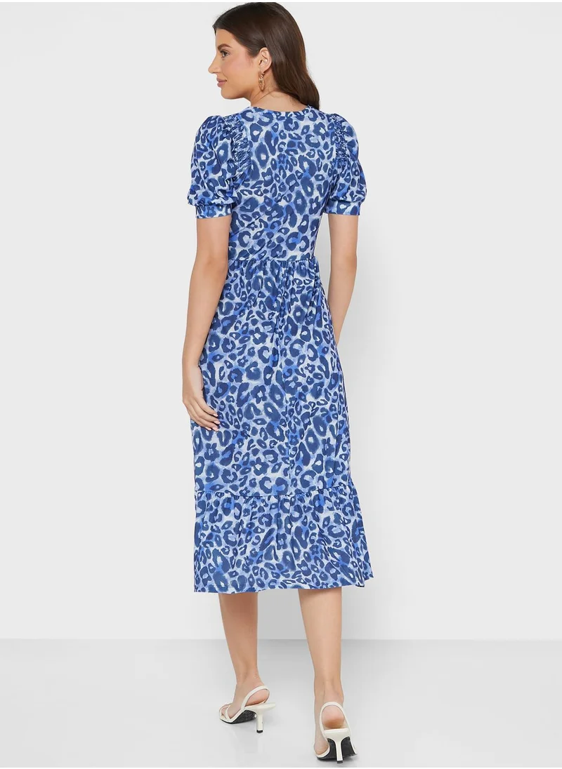 WAREHOUSE Puff Sleeve Printed Shirred Dress