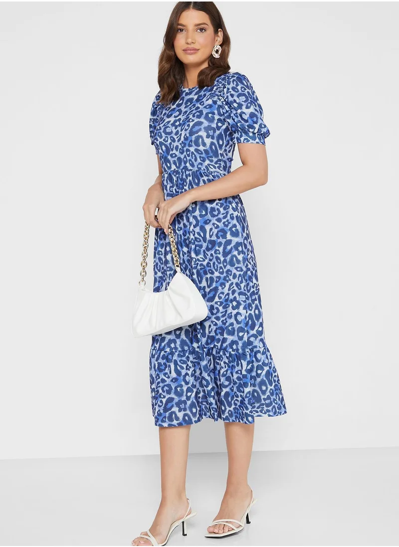 WAREHOUSE Puff Sleeve Printed Shirred Dress