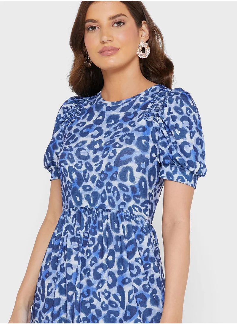 WAREHOUSE Puff Sleeve Printed Shirred Dress