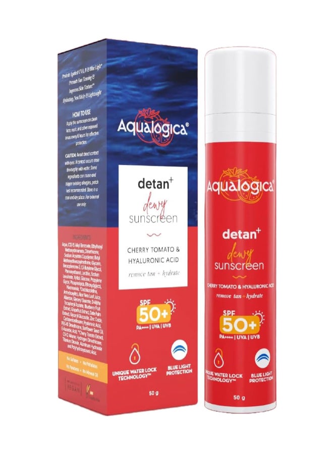 Aqualogica Detan+ Dewy Sunscreen with SPF 50+ & PA++++ for UVA/B & Blue Light Protection & No White Cast - 50g - Image 1