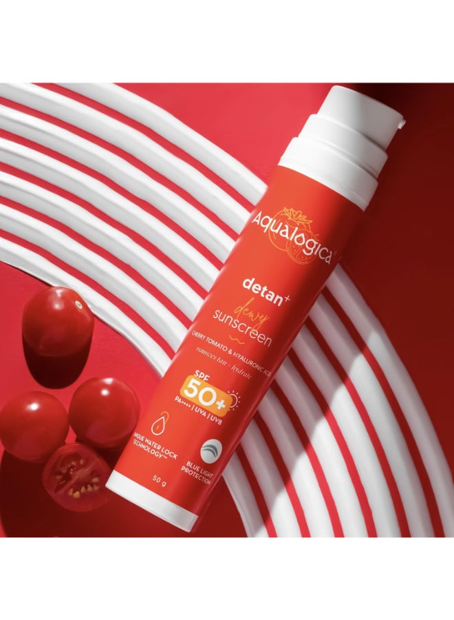 Aqualogica Detan+ Dewy Sunscreen with SPF 50+ & PA++++ for UVA/B & Blue Light Protection & No White Cast - 50g - Image 2