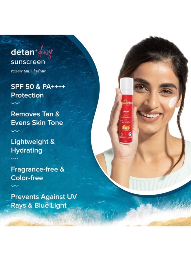 Aqualogica Detan+ Dewy Sunscreen with SPF 50+ & PA++++ for UVA/B & Blue Light Protection & No White Cast - 50g - Image 3