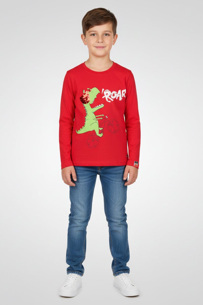 Hamleys Kids Boy Crew Neck Graphic Print Long Sleeve Sequence T-Shirt, Red - Image 1