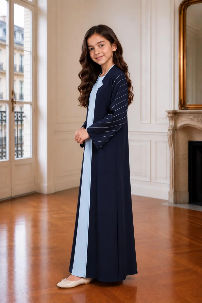 MSquare Fashion Navy Blue Girls Abaya with Sky Blue Inner Dress | Kids Modest Wear