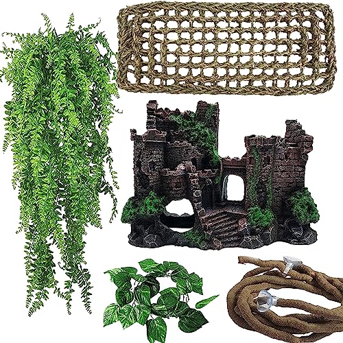 MUYG 5 PCS Tank Accessories for Bearded Dragon Include Resin Classical Castle Reptile Climb Habitat Decor Hanging Jungle Vines Flexible Leaves Climbing Decor for Lizard Gecko Chameleon Spider - Image 1