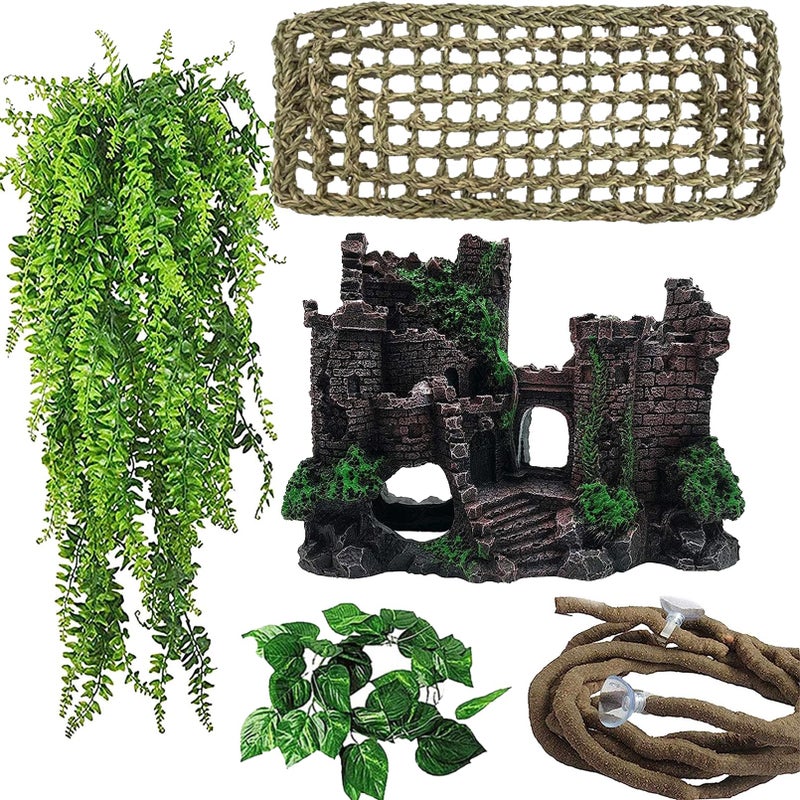 MUYG 5 PCS Tank Accessories for Bearded Dragon Include Resin Classical Castle Reptile Climb Habitat Decor Hanging Jungle Vines Flexible Leaves Climbing Decor for Lizard Gecko Chameleon Spider - Image 2