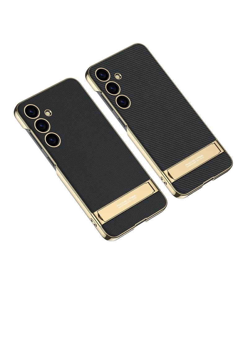 FOCUS Electroplated Leatherette Back Case/Cover with Kick Stand for Samsung Galaxy S24 5g - (Black | Faux Leather) - Image 2