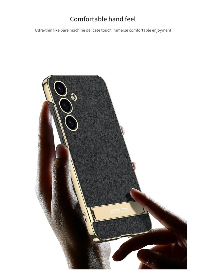 FOCUS Electroplated Leatherette Back Case/Cover with Kick Stand for Samsung Galaxy S24 5g - (Black | Faux Leather) - Image 5