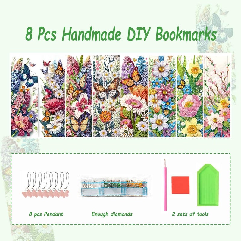 JBTM24 8 Pcs 5D Diamond Art Bookmarks for Reading Lovers, Handmade DIY Diamond Painting Book Marks with Tassels for (Flower) - Image 2