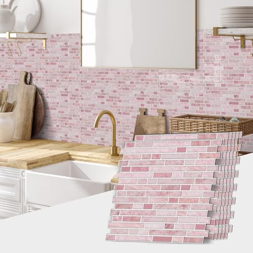 VICCI 12Sheet Peel Stick Tile Backsplash 12 x 12 StickOn Wall Tiles for Kitchen Bathroom Laundry Room Pink Marble Style - Image 3