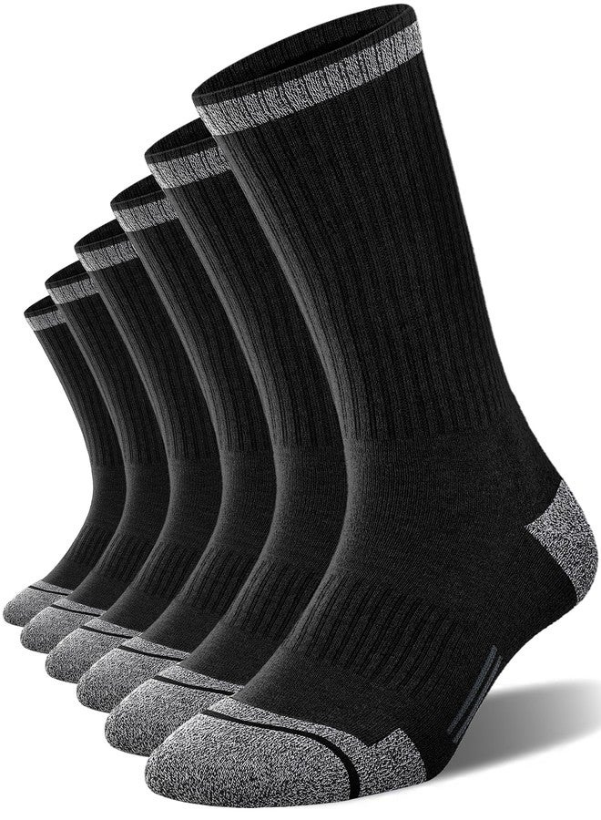 FITRELL 6 Pack Men's Athletic Crew Socks Cushioned Sport Running Moisture Wicking Work Boot Socks, Black, X-Large, Shoe Size 12-15 - Image 1