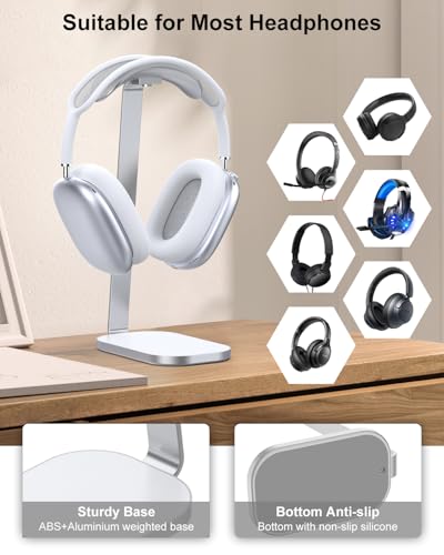 VICHYIE Headphone Stand for AirPods Max, Headset Holder with Aluminum Supporting Rod, Heavy Base Desk Stand Headphones Support Accessory for All Headphones - Silver White - Image 5