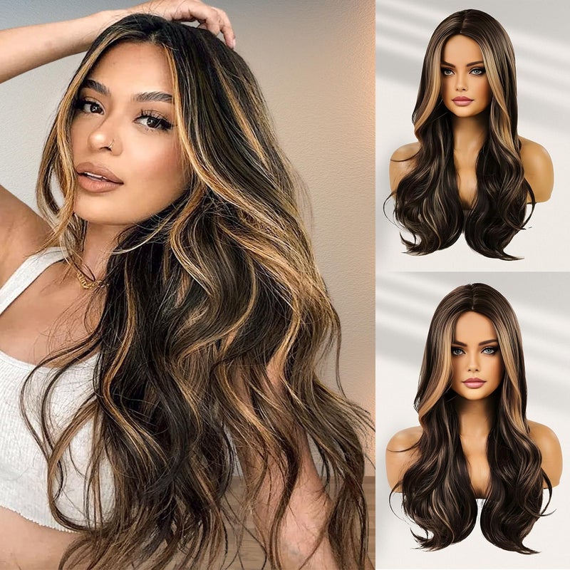 Haoland Blonde Highlight Wigs for Women 26 Inch Long Curly Synthetic Wigs Middle Part Blonde Highlights Hair Wigs Loose Wavy Wigs Heat Resistant