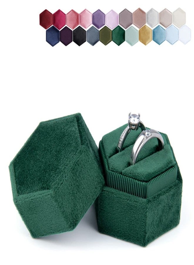 DesignSter Hexagon Velvet Ring Bearer Box - Premium Gorgeous Vintage Double Ring Display Holder with Detachable Lid for Proposal, Engagement, Wedding, Ceremony （Emerald） - Image 1