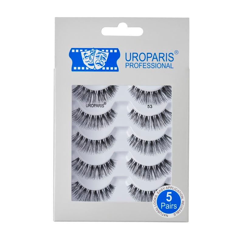 Uroparis 53 Eyelashes for Women — Pack of 5 Tapered Handmade Eye Lashes | Lightweight False Lashes with Premium Virgin Hair | Invisible Band | For Glam Look & Enhance Beauty (Black) - 5 Pair - Image 1