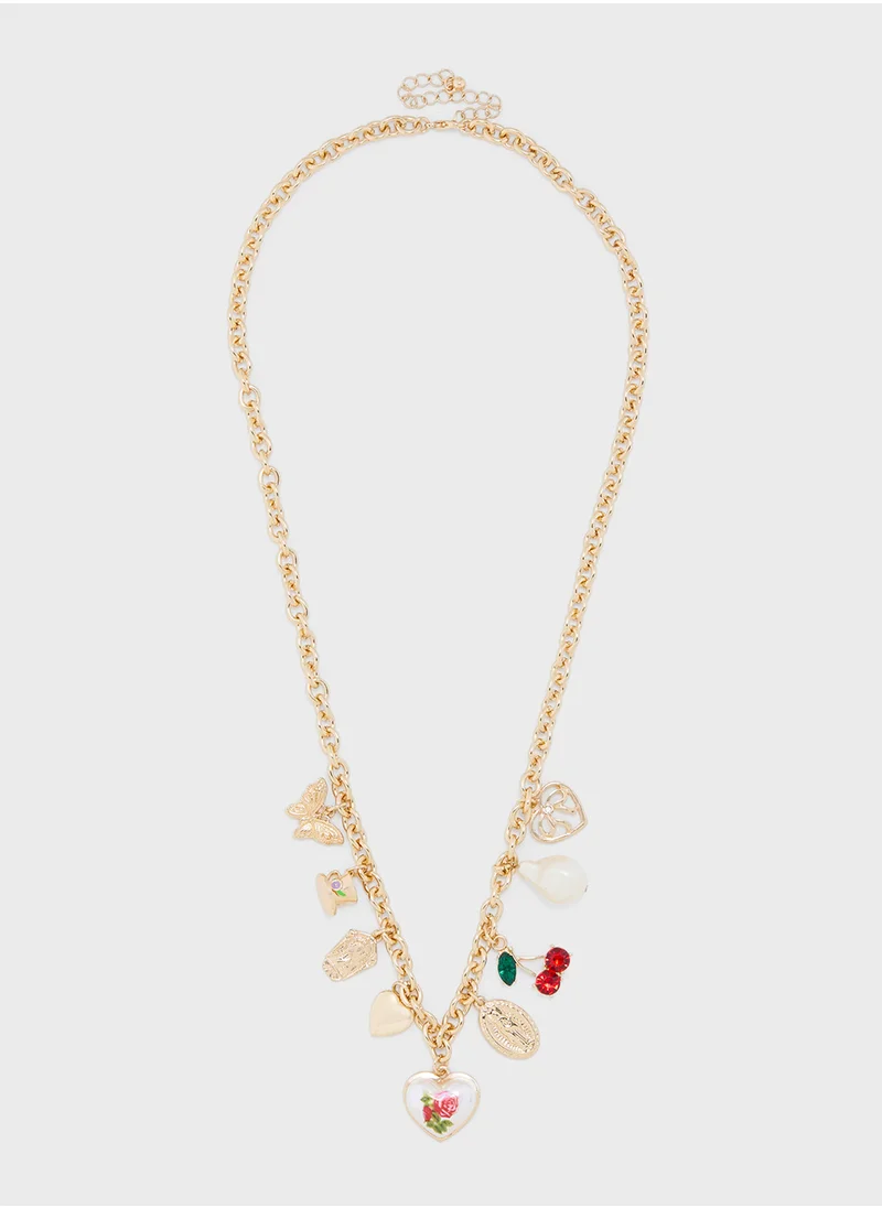 جينجر Multi Charm Heart Butterfly Necklace