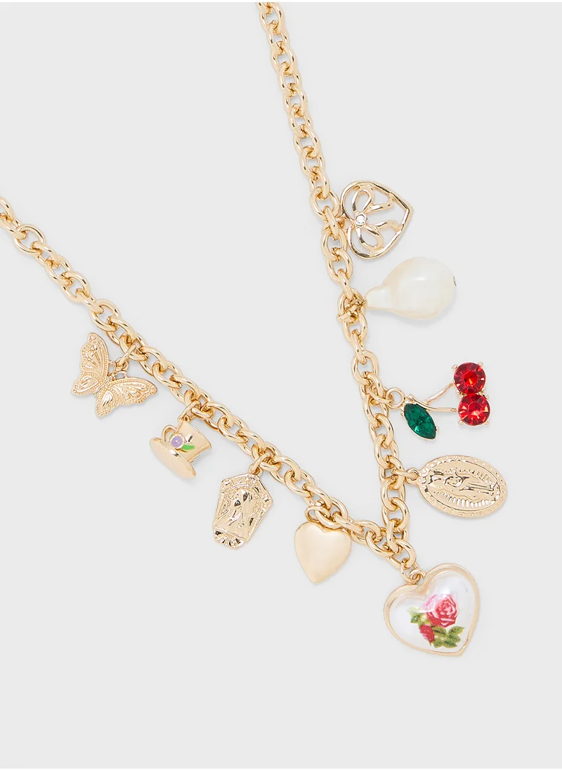 جينجر Multi Charm Heart Butterfly Necklace
