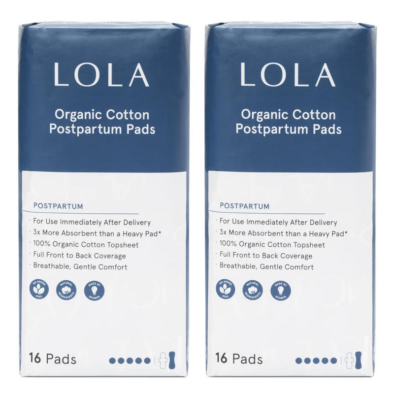 LOLA Organic Cotton Postpartum Pads - Max Absorbency Pads for Postpartum Bleeding - Extra-Long Overnight Liners for Women - Hospital Bag Essentials - 32 Count, Unscented - Image 1