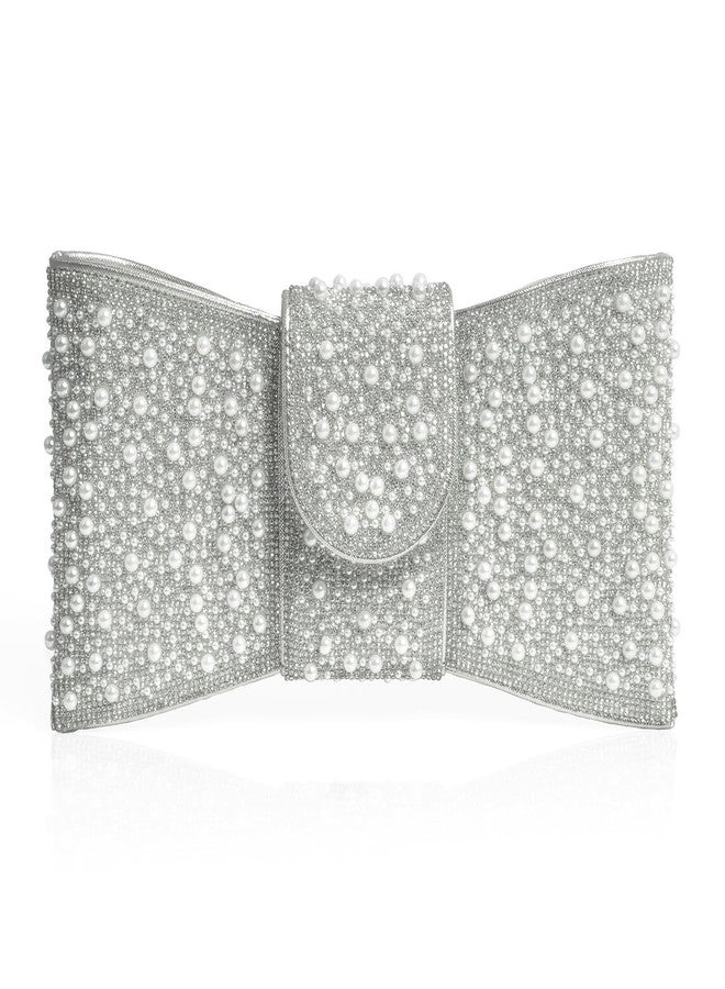 CARIEDO Pearl Rhinestone Bow Flip Clutch for Women - Wedding Prom Cocktail, Silver - Image 1