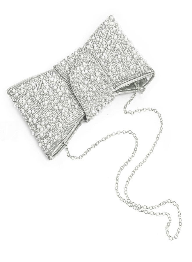 CARIEDO Pearl Rhinestone Bow Flip Clutch for Women - Wedding Prom Cocktail, Silver - Image 3