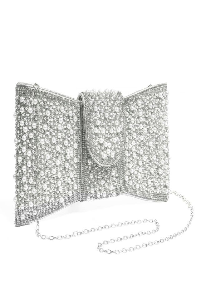 CARIEDO Pearl Rhinestone Bow Flip Clutch for Women - Wedding Prom Cocktail, Silver - Image 2