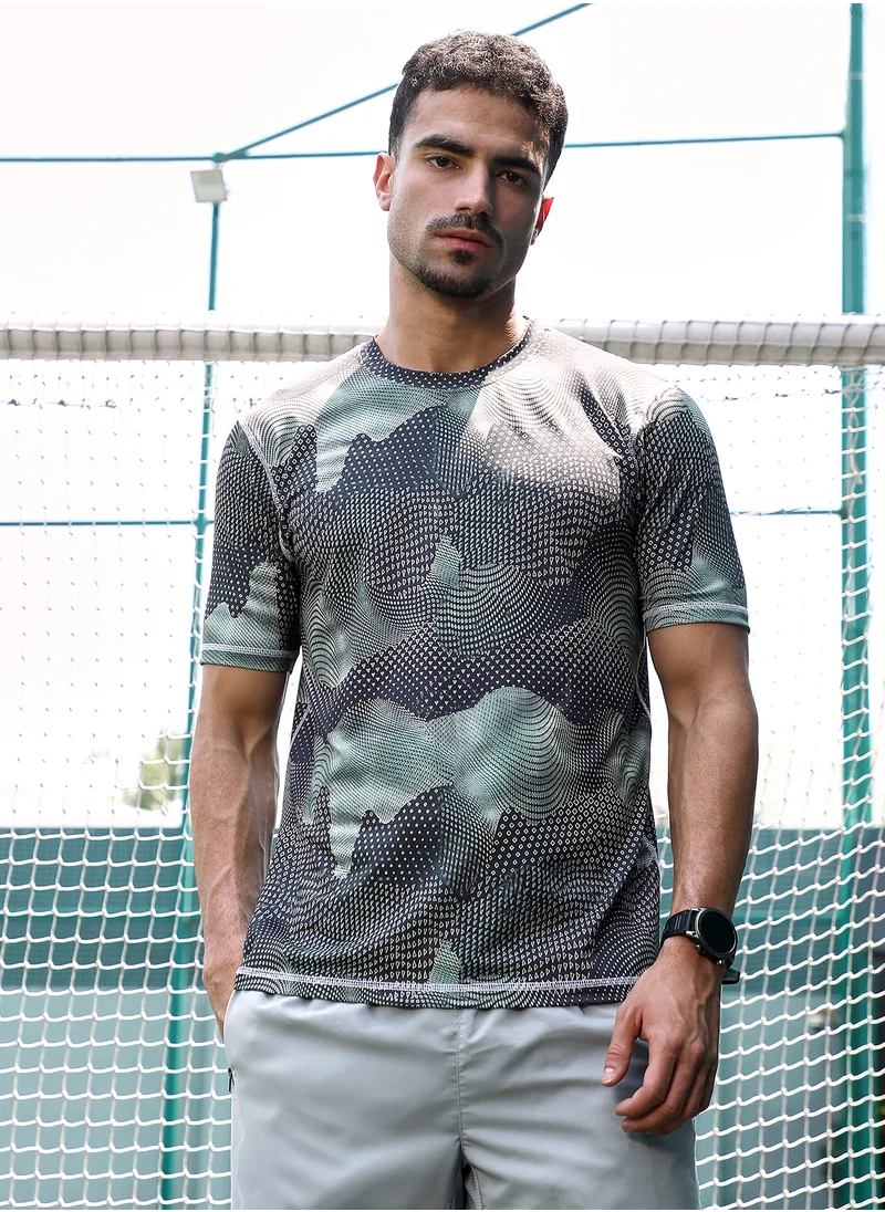 Campus Sutra Campus Sutra Men's Moon Grey Abstract-Motif Activewear T-Shirt For Casual Wear | Crew Neck | Short Sleeves | Jersey T-Shirt Crafted With Comfort Fit For Everyday Wear