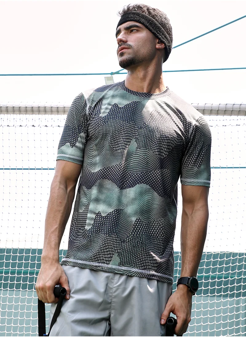Campus Sutra Campus Sutra Men's Moon Grey Abstract-Motif Activewear T-Shirt For Casual Wear | Crew Neck | Short Sleeves | Jersey T-Shirt Crafted With Comfort Fit For Everyday Wear