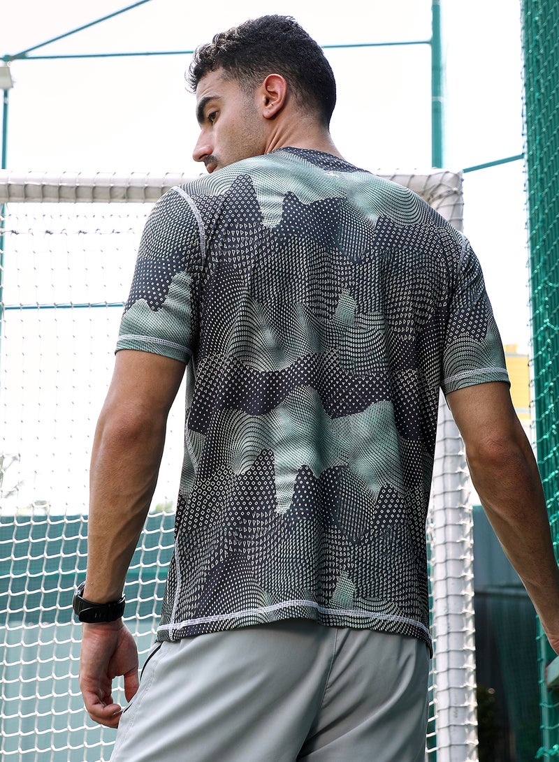 Campus Sutra Campus Sutra Men's Moon Grey Abstract-Motif Activewear T-Shirt For Casual Wear | Crew Neck | Short Sleeves | Jersey T-Shirt Crafted With Comfort Fit For Everyday Wear  - Image 5