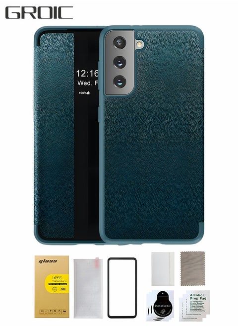 For Samsung Galaxy S23 Plus 5g 6.6 Inch Phone Case with Toughened Film, Leather Case with  Window, Magnetic Flip Cover, Half Window Stand Phone Shell Green