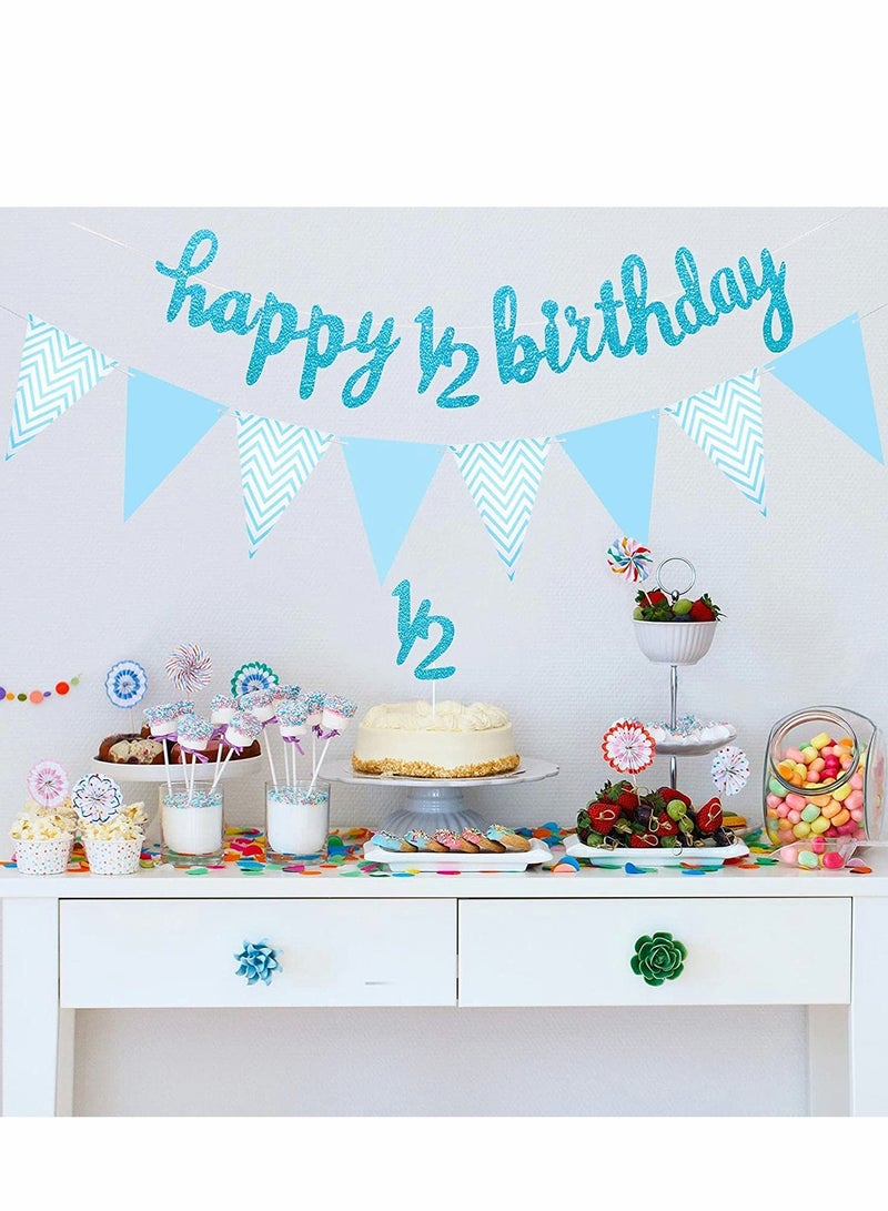 Half Year Birthday Party Decoration Set - 6 Months Banner, Glitter Half Year Cake Topper, Triangle Flag Banner for Baby Shower - Premium Decor for Happy 1/2 Birthday Celebration - Image 2