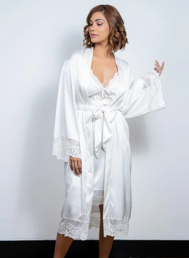 Aadaraya Aadaraya Lace Detail Robe with Tie-Up Belt and Long Sleeves