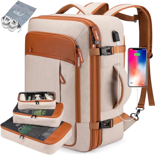 Lumesner Carry on Travel Backpacks, Extra Large 40L Flight Approved for Men & Women,Expandable Suitcase backpack (Beige (Backpack With 4 Packing Cubes)) - Image 1