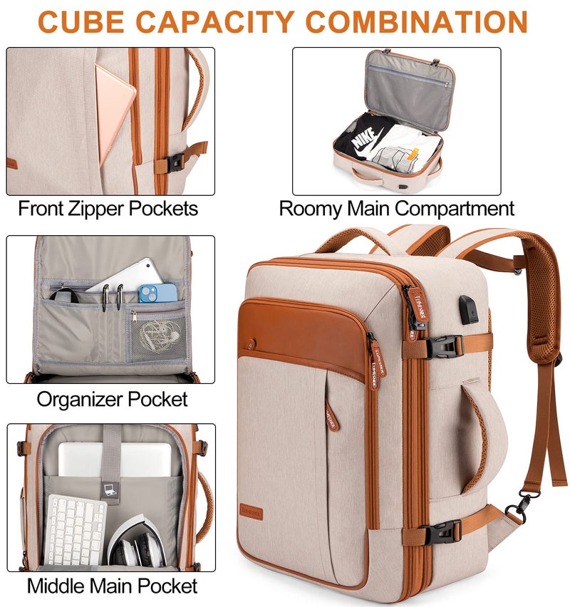 Lumesner Carry on Travel Backpacks, Extra Large 40L Flight Approved for Men & Women,Expandable Suitcase backpack (Beige (Backpack With 4 Packing Cubes)) - Image 5