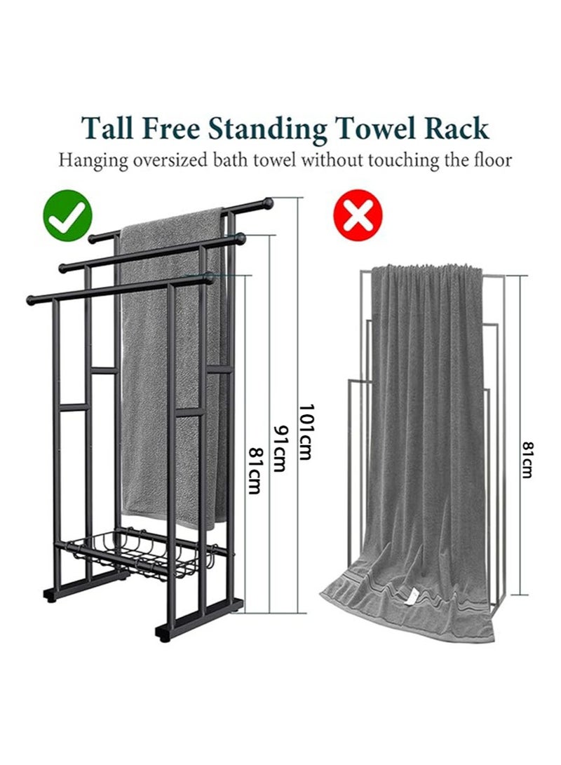 أبوستيم رف مناشف حمام قائم بذاته بارتفاع 101 سم، رف مناشف قائم على الأرض بثلاث طبقات مع سلة تخزين، ودرج لتجفيف البطانيات ورف عرض لمناشف الحمام الكبيرة ومناشف اليد، بجانب حمام السباحة الخارجي (أسود) - Image 2