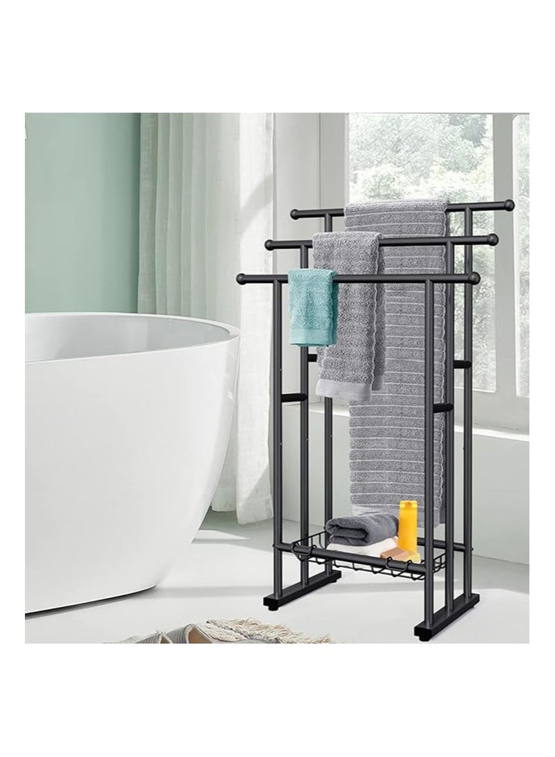أبوستيم رف مناشف حمام قائم بذاته بارتفاع 101 سم، رف مناشف قائم على الأرض بثلاث طبقات مع سلة تخزين، ودرج لتجفيف البطانيات ورف عرض لمناشف الحمام الكبيرة ومناشف اليد، بجانب حمام السباحة الخارجي (أسود) - Image 3