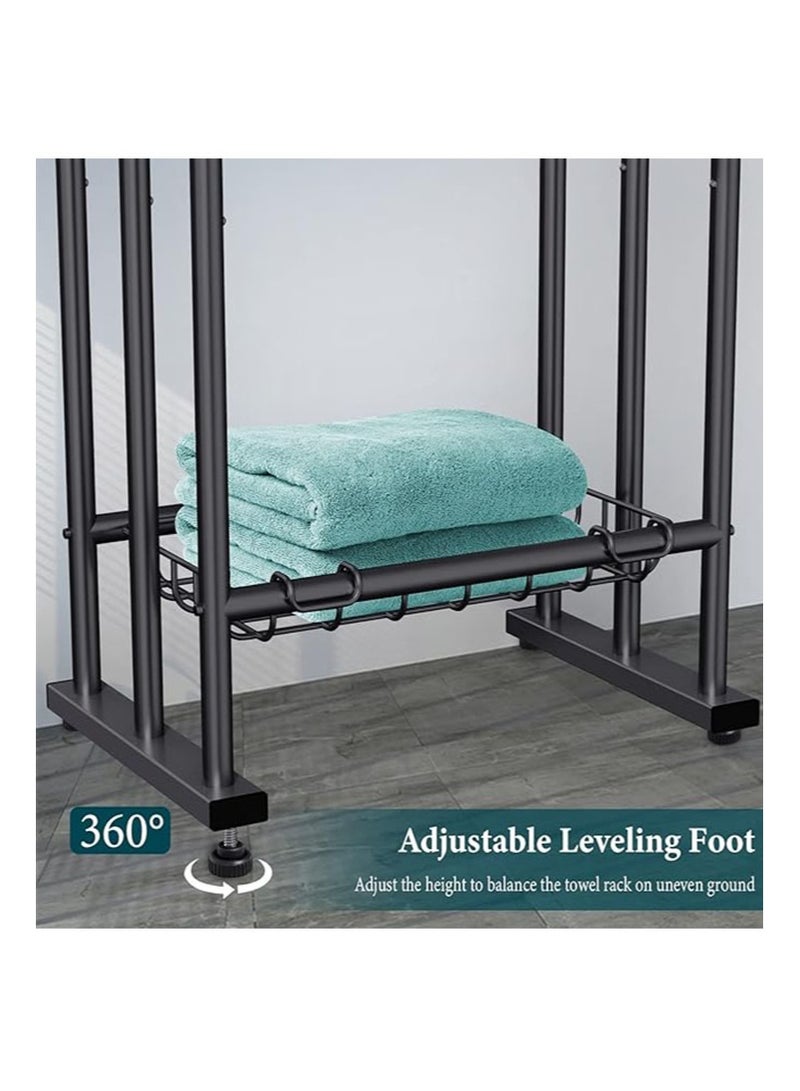 أبوستيم رف مناشف حمام قائم بذاته بارتفاع 101 سم، رف مناشف قائم على الأرض بثلاث طبقات مع سلة تخزين، ودرج لتجفيف البطانيات ورف عرض لمناشف الحمام الكبيرة ومناشف اليد، بجانب حمام السباحة الخارجي (أسود) - Image 4