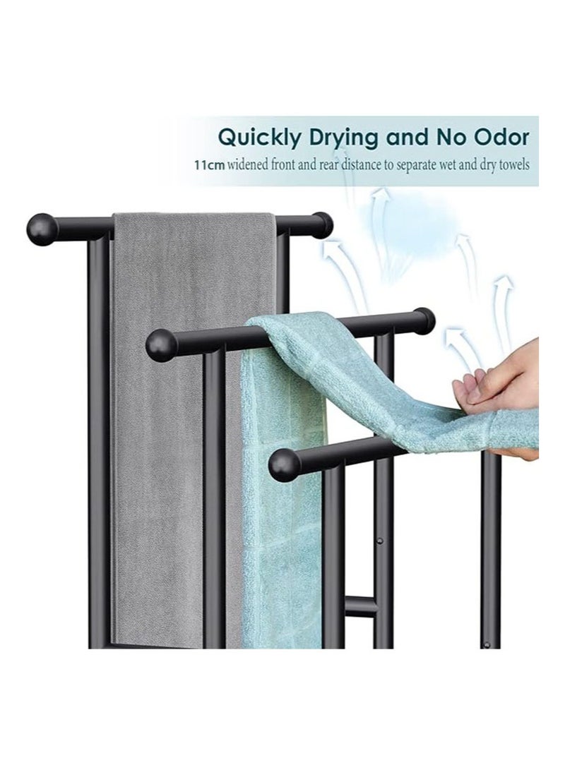 أبوستيم رف مناشف حمام قائم بذاته بارتفاع 101 سم، رف مناشف قائم على الأرض بثلاث طبقات مع سلة تخزين، ودرج لتجفيف البطانيات ورف عرض لمناشف الحمام الكبيرة ومناشف اليد، بجانب حمام السباحة الخارجي (أسود) - Image 5