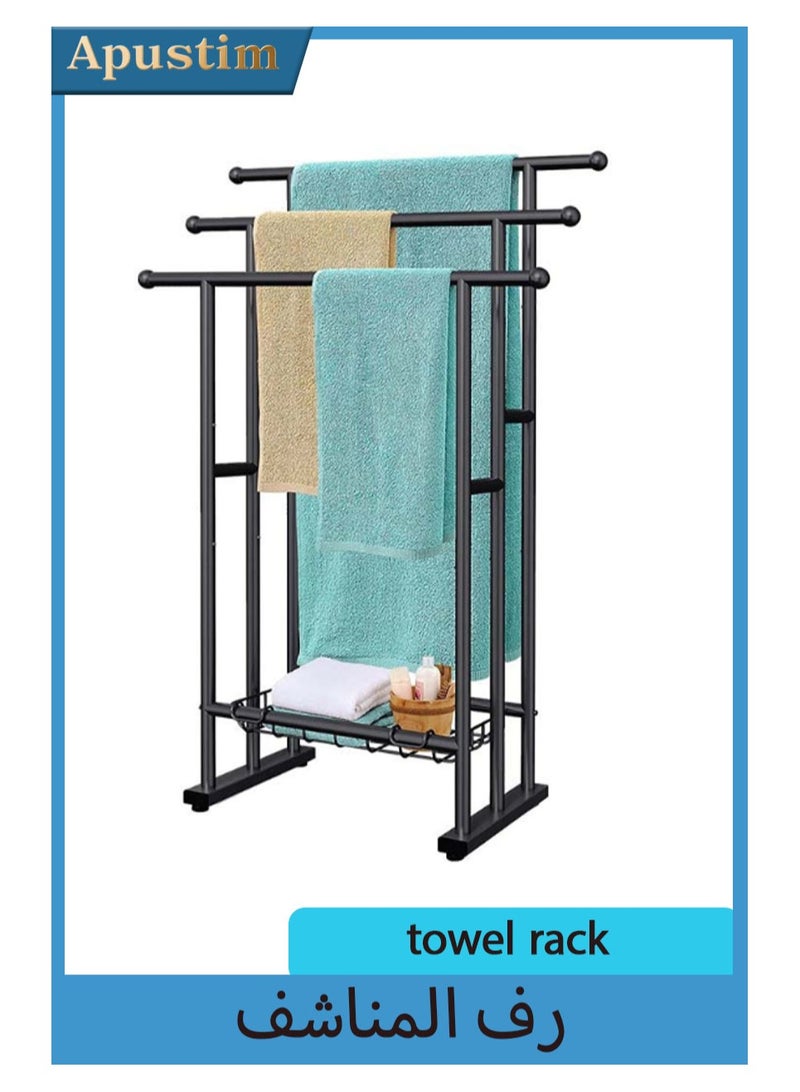 أبوستيم رف مناشف حمام قائم بذاته بارتفاع 101 سم، رف مناشف قائم على الأرض بثلاث طبقات مع سلة تخزين، ودرج لتجفيف البطانيات ورف عرض لمناشف الحمام الكبيرة ومناشف اليد، بجانب حمام السباحة الخارجي (أسود) - Image 1