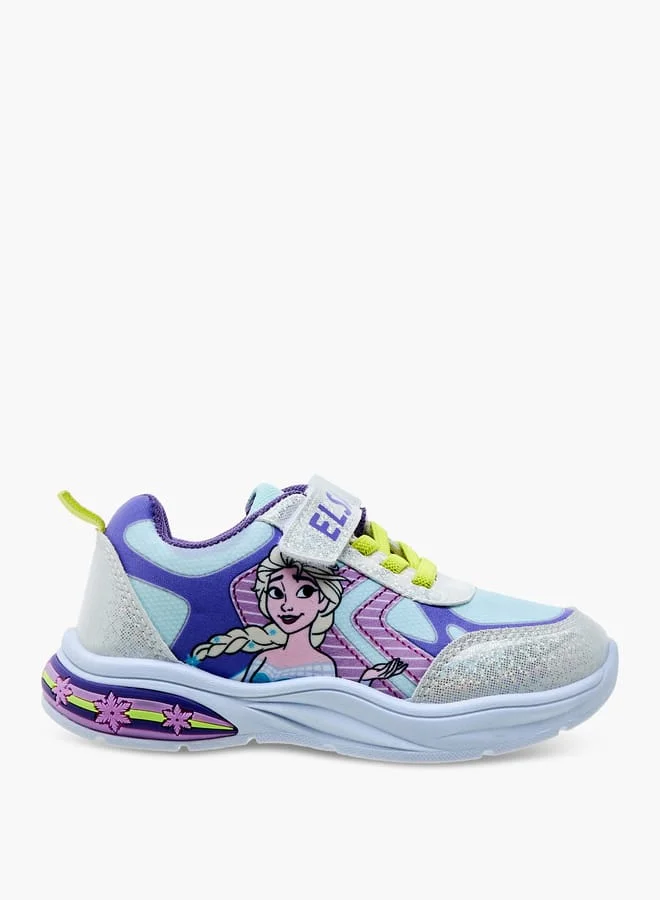 Disney Girls Elsa Printed Light-Up Sneakers with Hook and Loop Closure