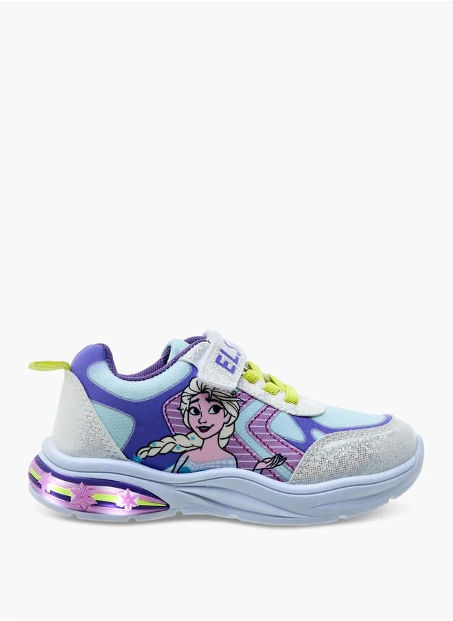 Disney Girls Elsa Printed Light-Up Sneakers with Hook and Loop Closure