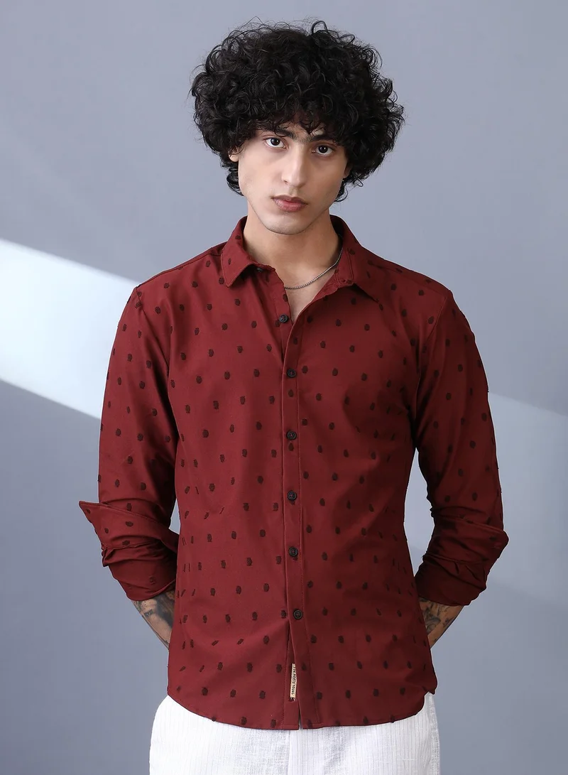 كامبوس سوترا قميص كامبس سوترا رجالي أحمر طوبي بنقوش بولكا بياقة سبريد وأكمام طويلة بأزرار للاستخدام اليومي