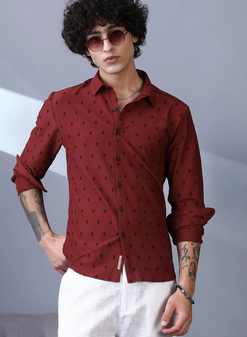 كامبوس سوترا قميص كامبس سوترا رجالي أحمر طوبي بنقوش بولكا بياقة سبريد وأكمام طويلة بأزرار للاستخدام اليومي